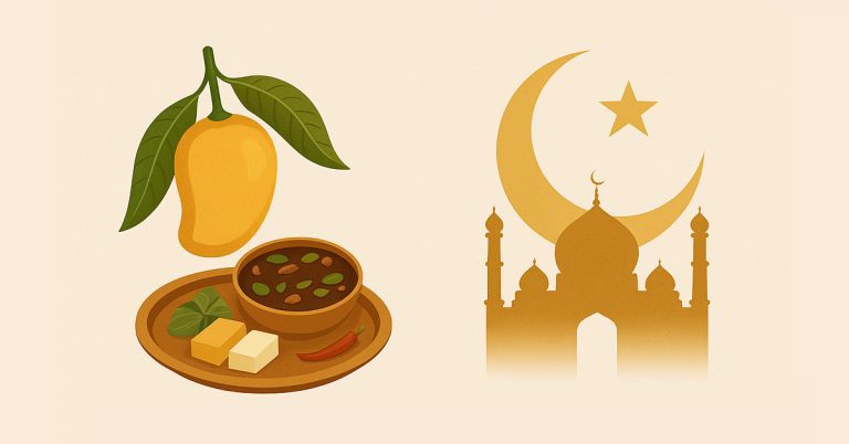 Illustration of a mango, traditional Indian food plate, and a mosque silhouette with crescent moon and star