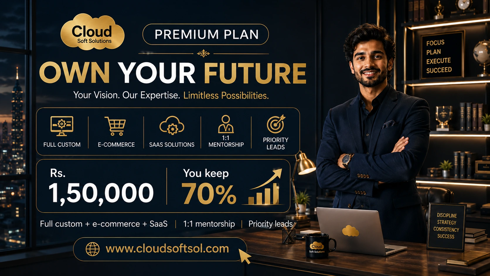 CloudSoft Premium Plan — enrolment Rs. 1,50,000, you keep 70%