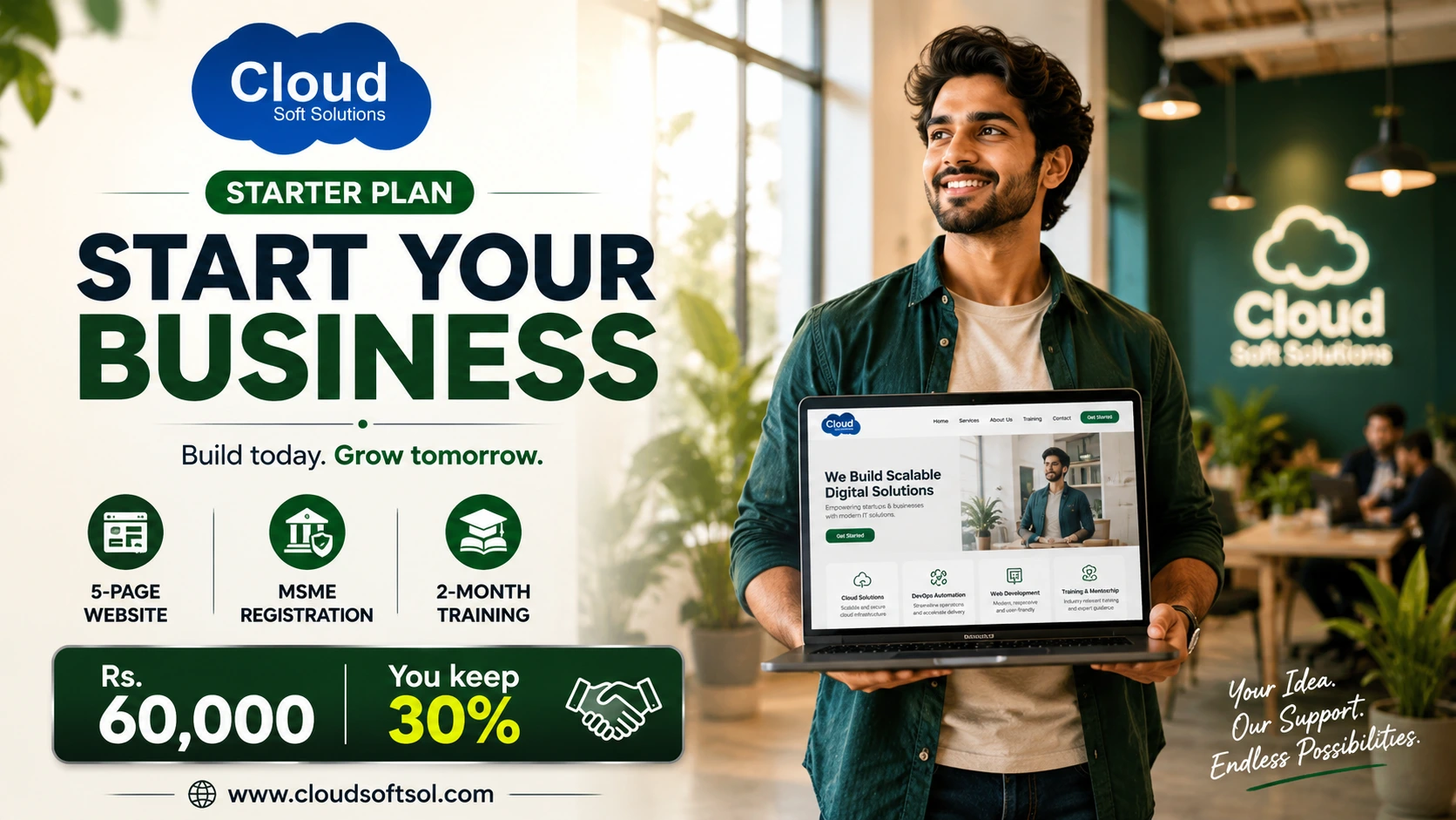 CloudSoft Starter Plan — enrolment Rs. 60,000, you keep 30%