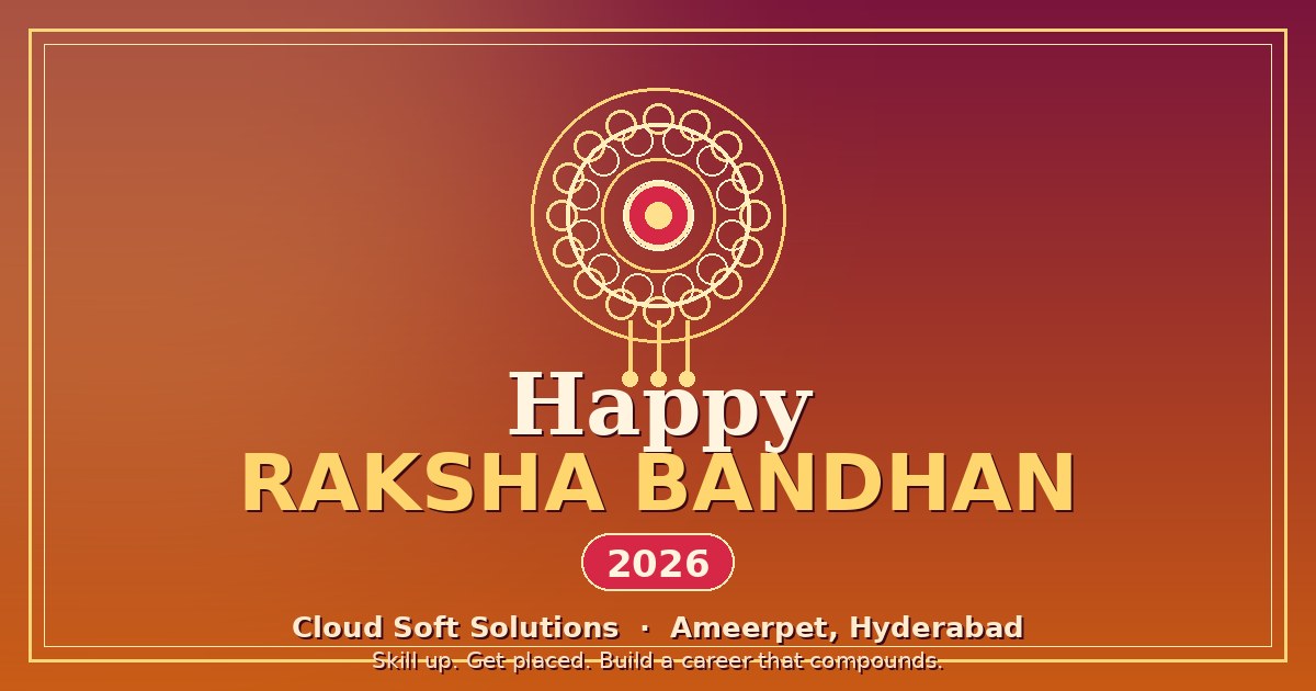 Happy Raksha Bandhan 2026 greeting from Cloud Soft Solutions, Ameerpet Hyderabad — with a decorative rakhi