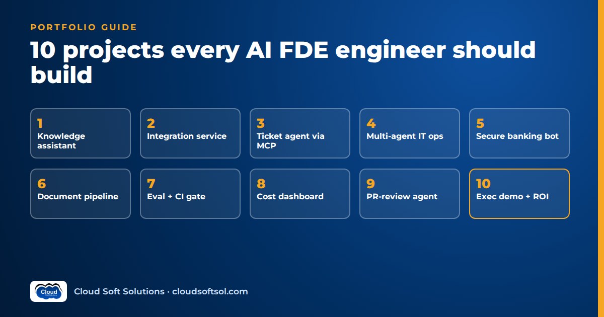 Grid of ten portfolio projects for AI Forward Deployed Engineers, from a knowledge assistant to an executive demo with ROI