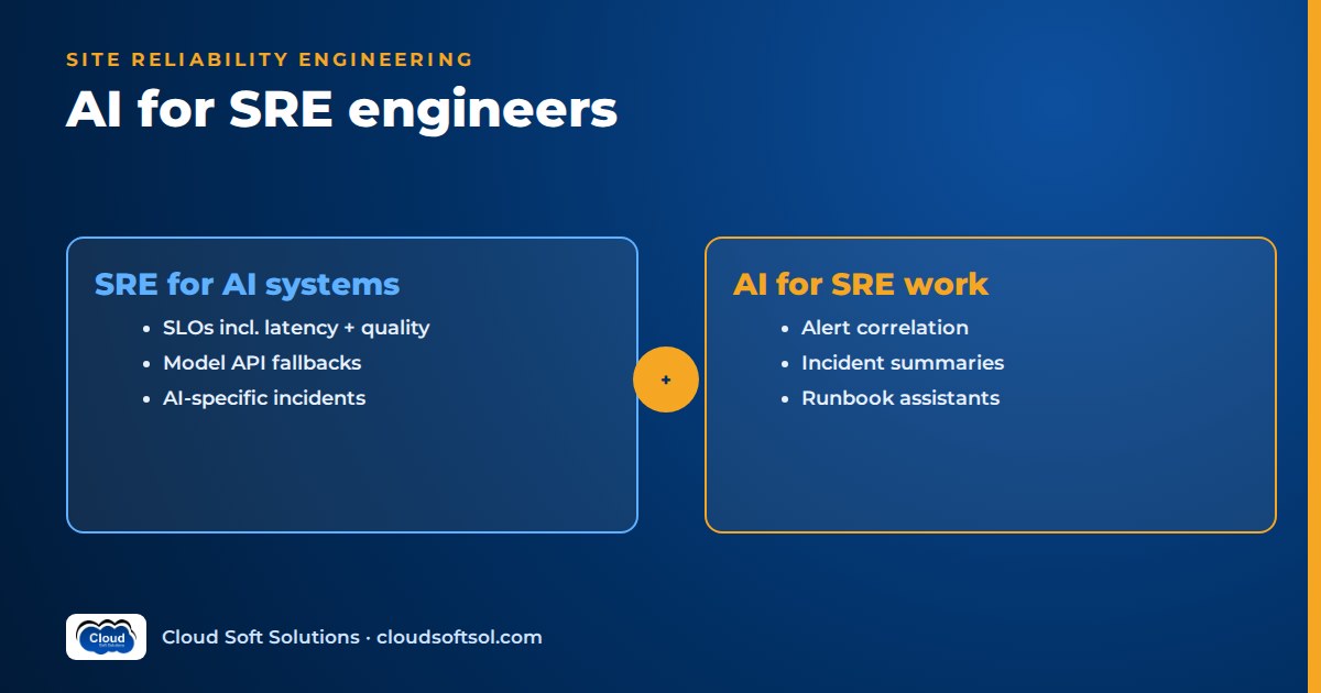 SRE for AI systems (SLOs, model API fallbacks, AI-specific incidents) alongside AI for SRE work (alert correlation, incident summaries, runbook assistants)