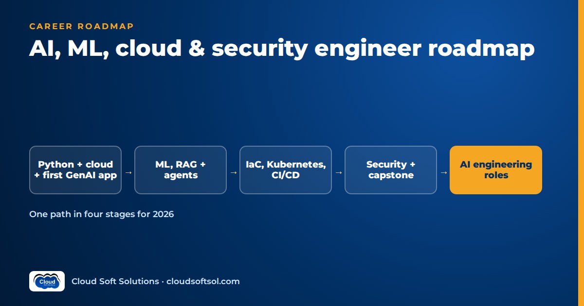Four-stage AI, ML, cloud and security engineer roadmap leading to AI engineering roles