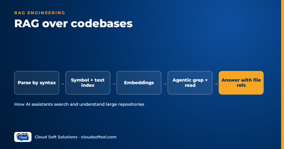 Codebase RAG: parse by syntax, symbol and text index, embeddings, agentic grep and file reads, answers with file references