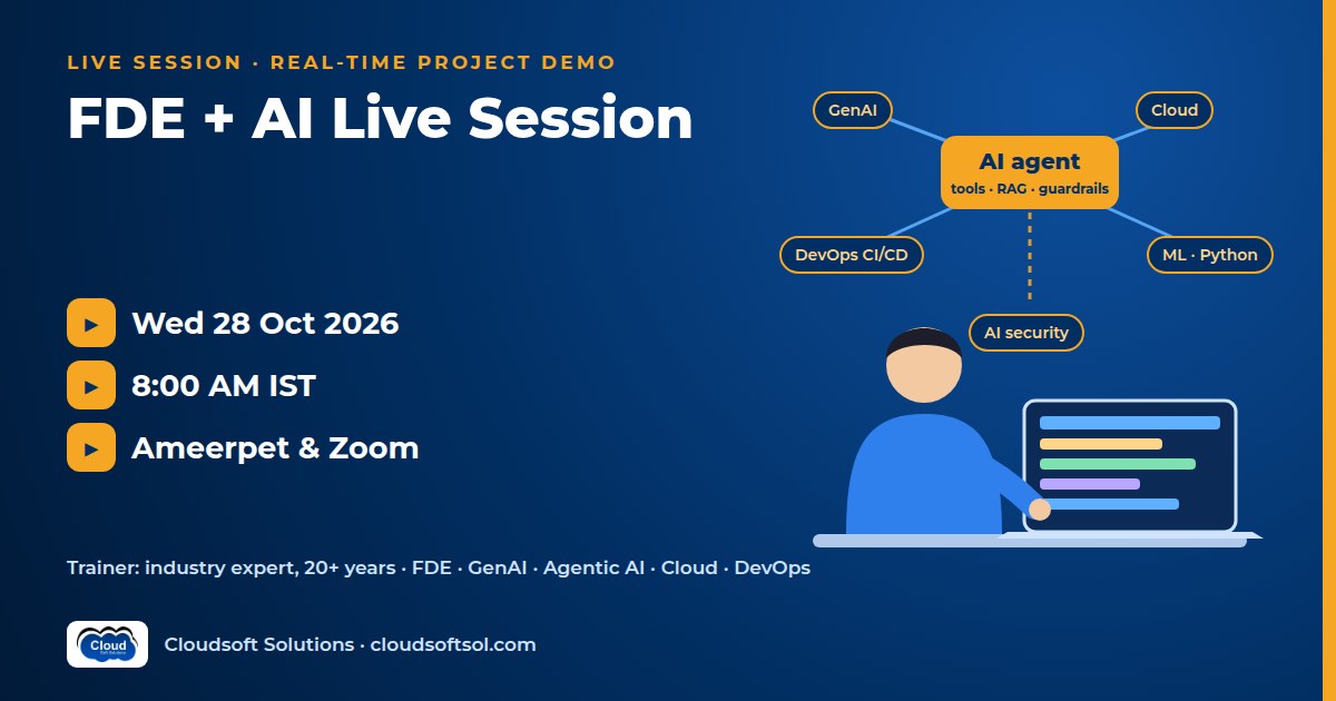 Cloudsoft Solutions FDE + AI Live Session banner: a trainee at a laptop beside AI agent, cloud and DevOps pipeline diagrams, with the text Wed 28 Oct 2026, 8:00 AM IST, Ameerpet and Zoom
