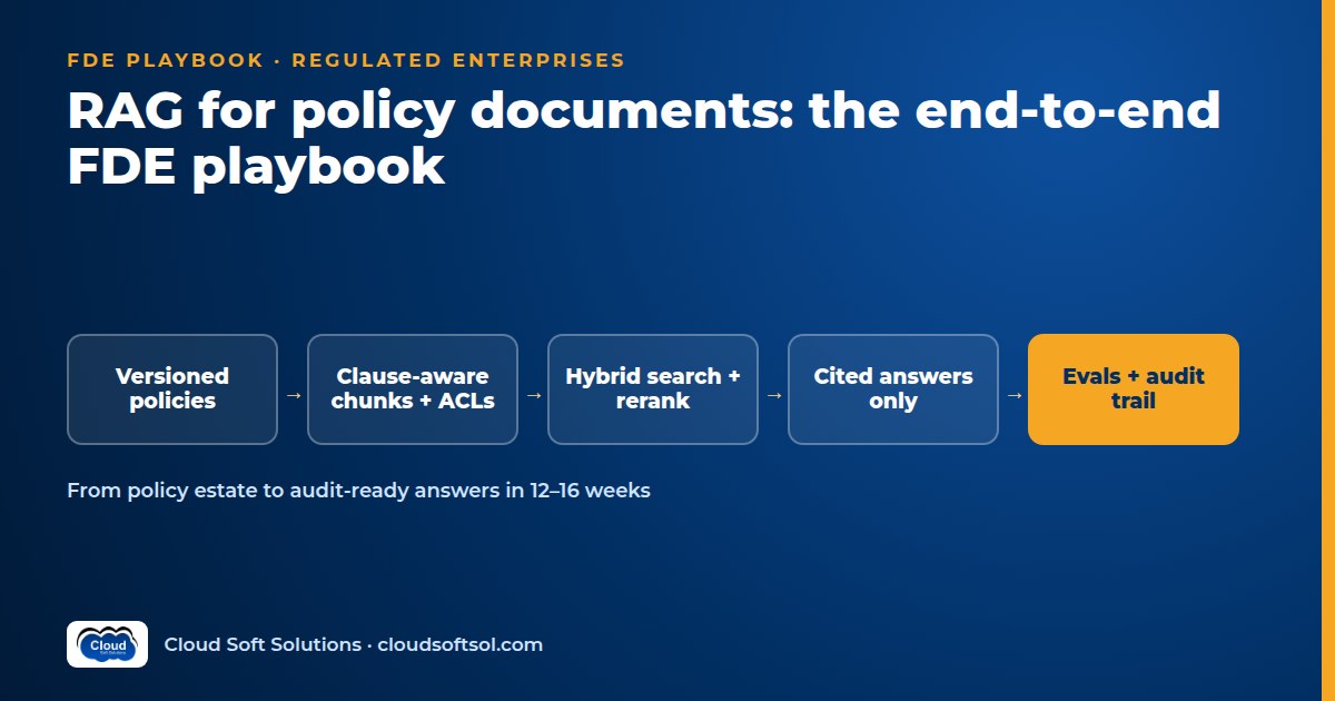 RAG for policy documents FDE playbook: versioned policies, clause-aware chunks with ACLs, hybrid search and rerank, cited answers, evals and audit trail